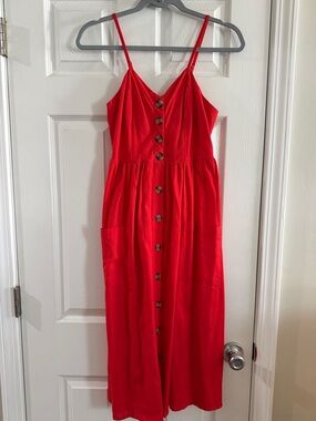 Japna Red Button-Front Midi Dress with Spaghetti Straps